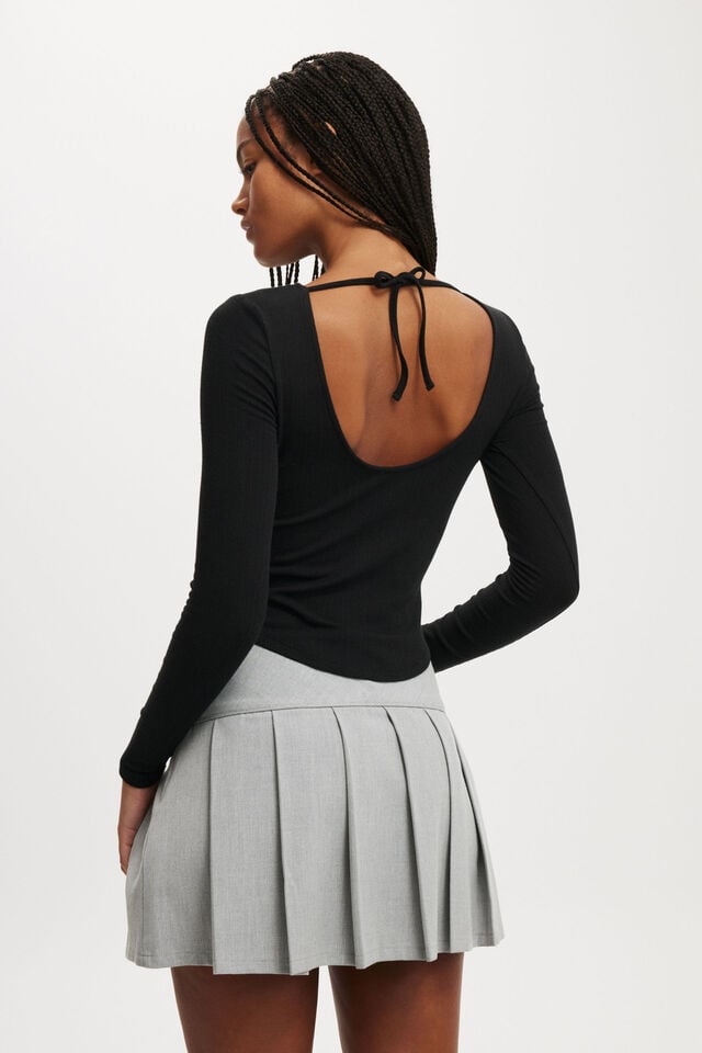 Cotton On Sasha Pointelle Low Back Long Sleeve Top Black