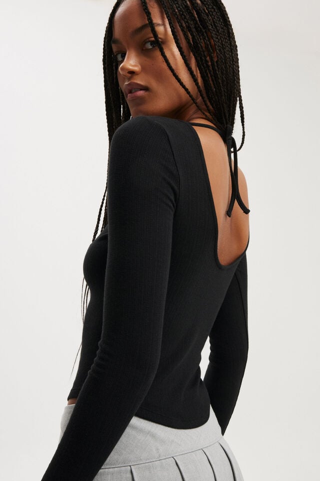 Cotton On Sasha Pointelle Low Back Long Sleeve Top Black
