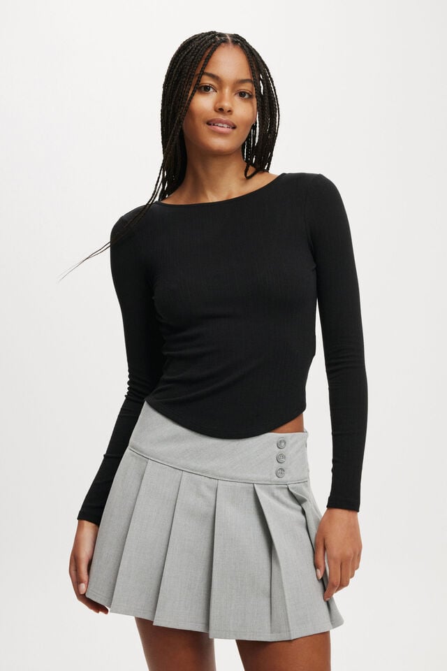 cotton on Sasha Pointelle Low Back Long Sleeve Top black