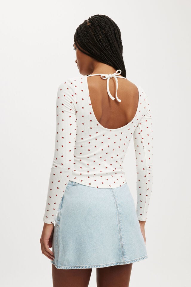 Cotton On Sasha Pointelle Low Back Long Sleeve Top Rozzy Rose