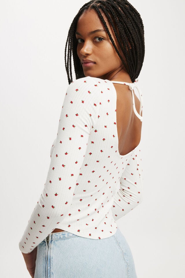 Cotton On Sasha Pointelle Low Back Long Sleeve Top Rozzy Rose