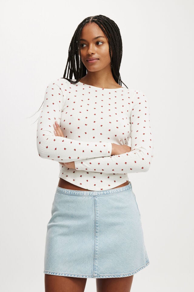 cotton on Sasha Pointelle Low Back Long Sleeve Top rozzy rose