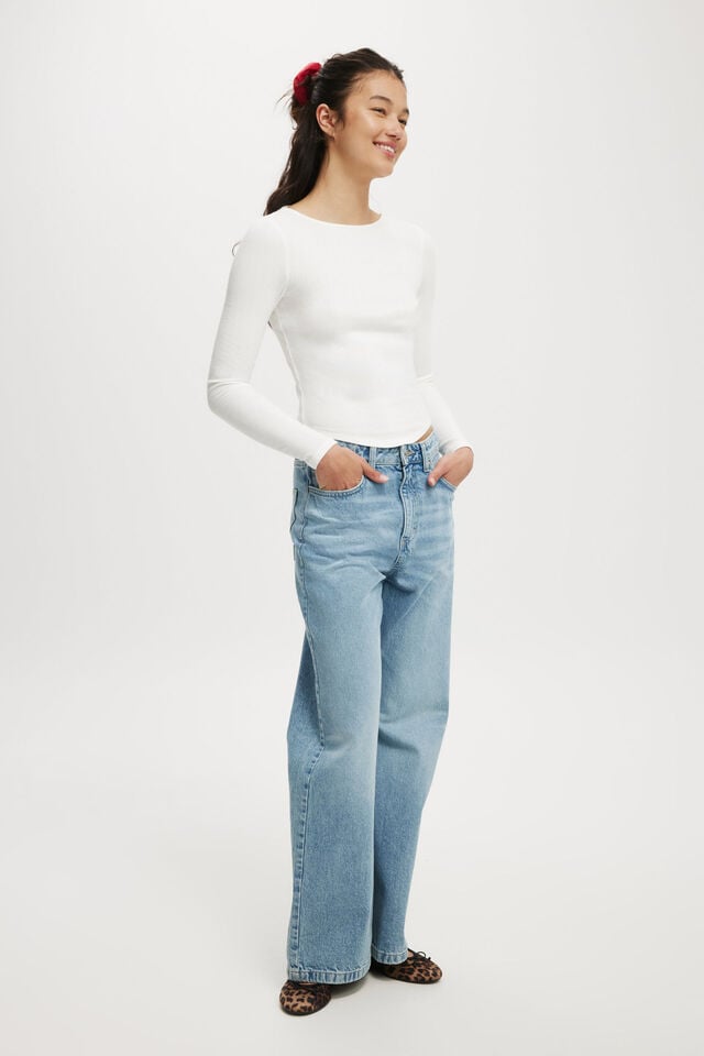 Cotton On Sasha Pointelle Low Back Long Sleeve Top Vintage White