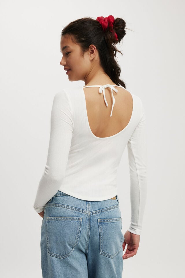 Cotton On Sasha Pointelle Low Back Long Sleeve Top Vintage White