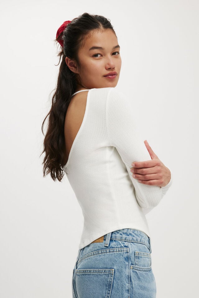 Cotton On Sasha Pointelle Low Back Long Sleeve Top Vintage White