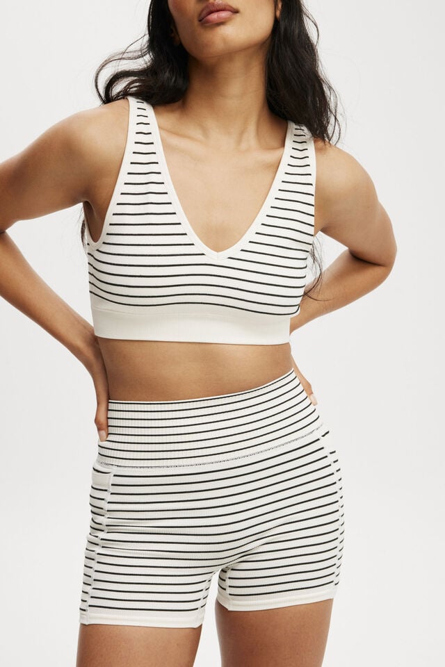 Cotton On Seamless Pocket Shortie Short Black/coconut Milk Stripe