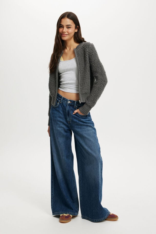 Cotton On Shaggy Crew Texture Cardigan Dark Grey Shadow Marle