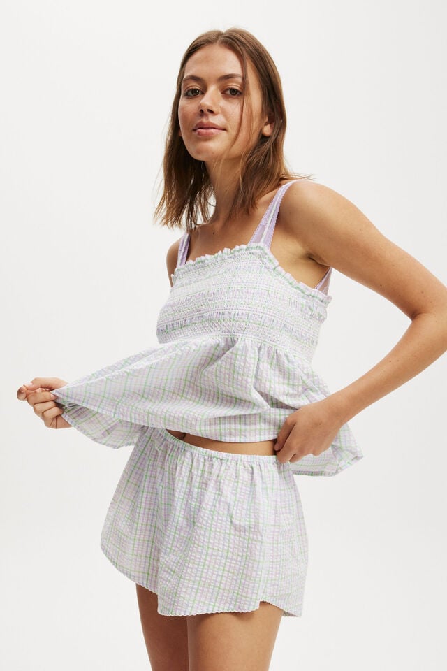 Cotton On Shirred Woven Sleep Set Freya Purple/green Check