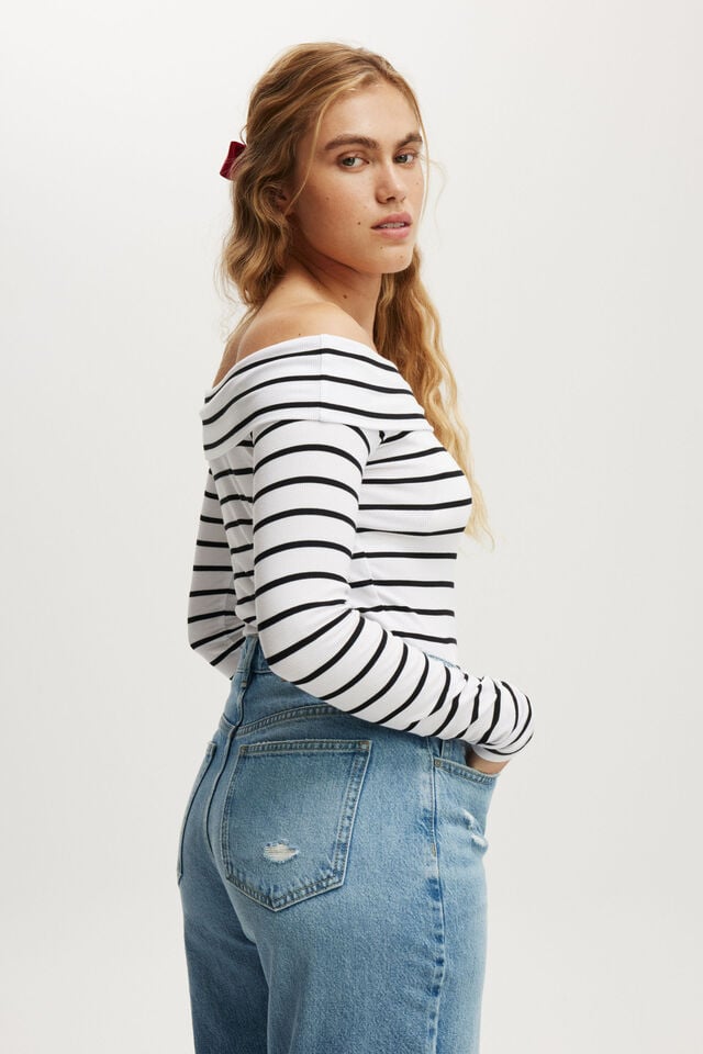 Cotton On Staple Rib Off Shoulder Long Sleeve Top Remi Stripe White/black