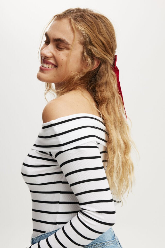 Cotton On Staple Rib Off Shoulder Long Sleeve Top Remi Stripe White/black