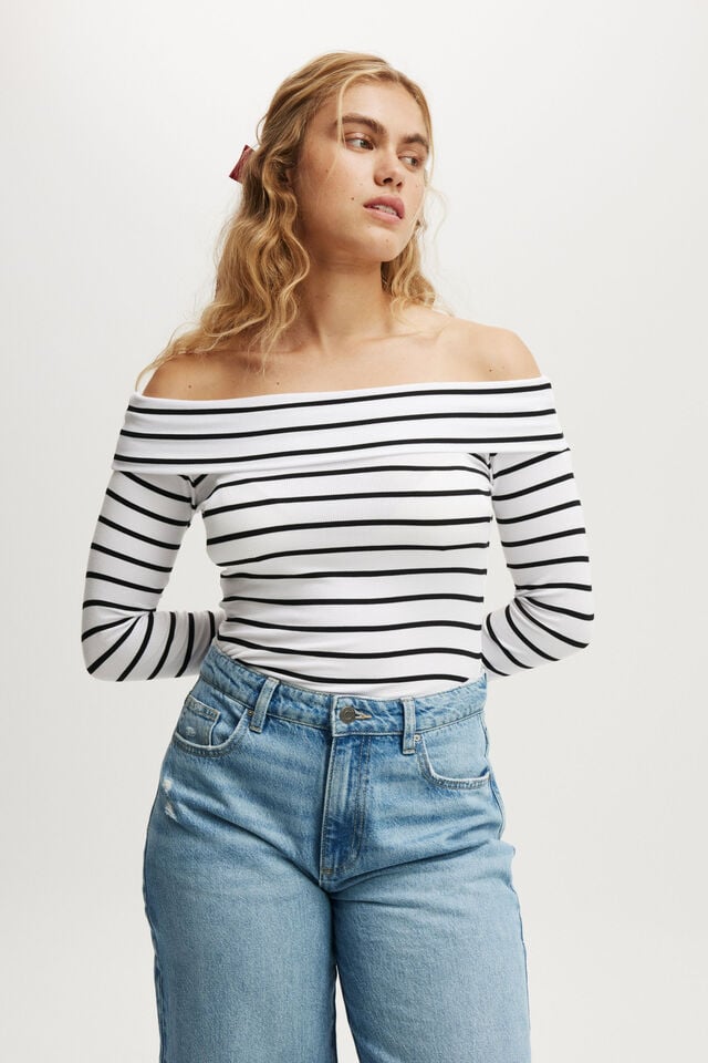 cotton on Staple Rib Off Shoulder Long Sleeve Top remi stripe white/black