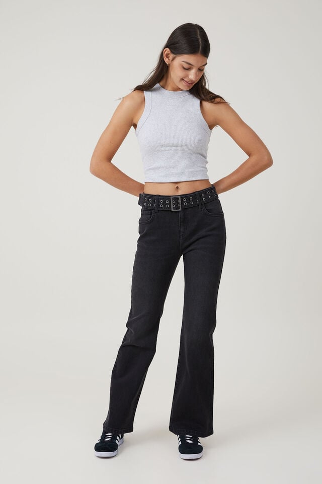 Cotton On Stretch Bootcut Flare Jean Black Pepper/eyelet Belt