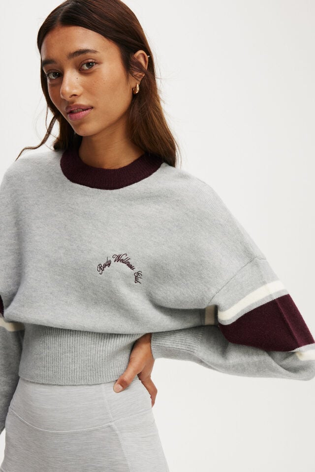 Cotton On Stripe Knit Pullover Light Grey Marle/cherry Ripe