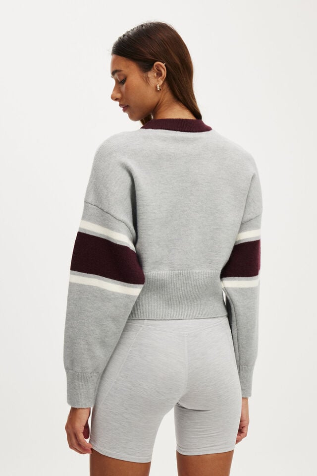 Cotton On Stripe Knit Pullover Light Grey Marle/cherry Ripe
