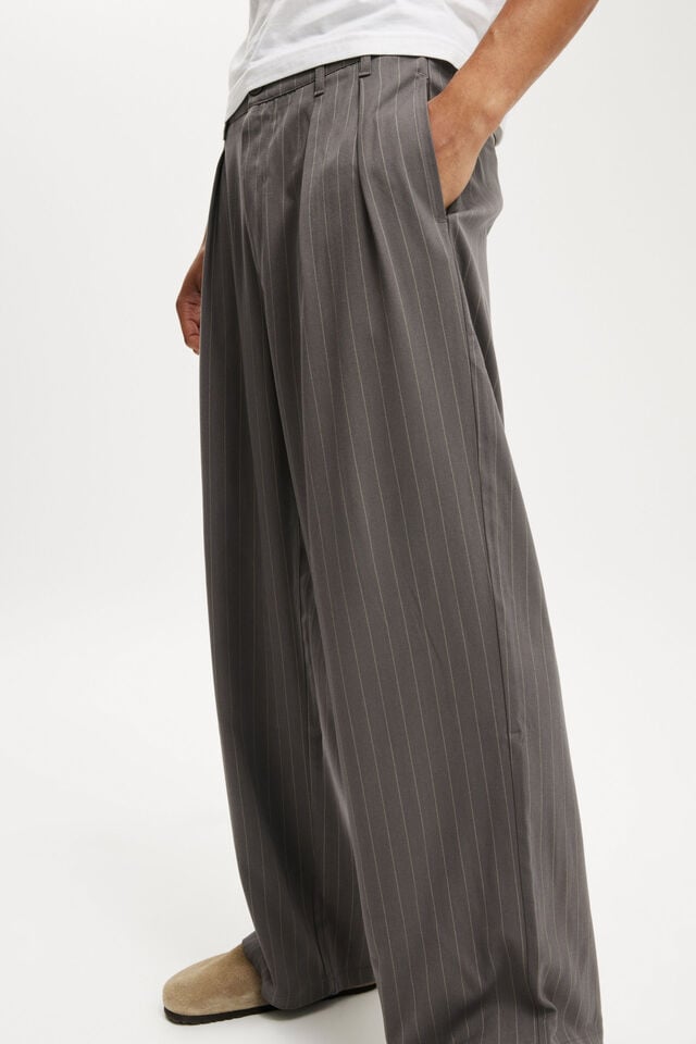 Cotton On Super Baggy Pleated Pant Charcoal Pinstripe