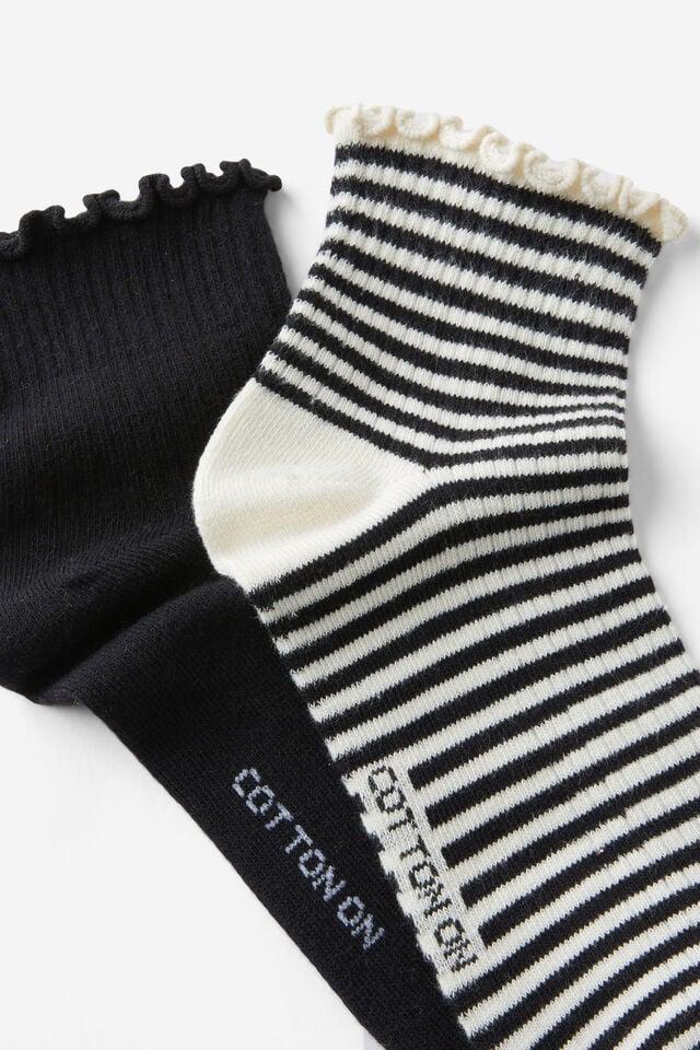 Cotton On The Perfect Pair Frill Rib Ankle 2Pk Black/pearl Stripe