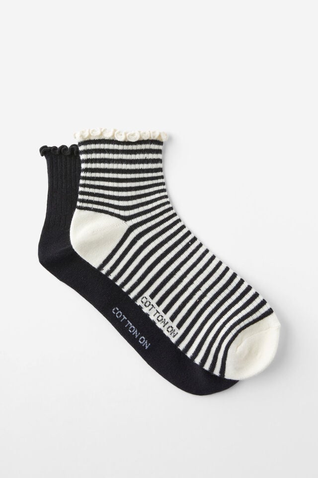 cotton on The Perfect Pair Frill Rib Ankle 2Pk black/pearl stripe