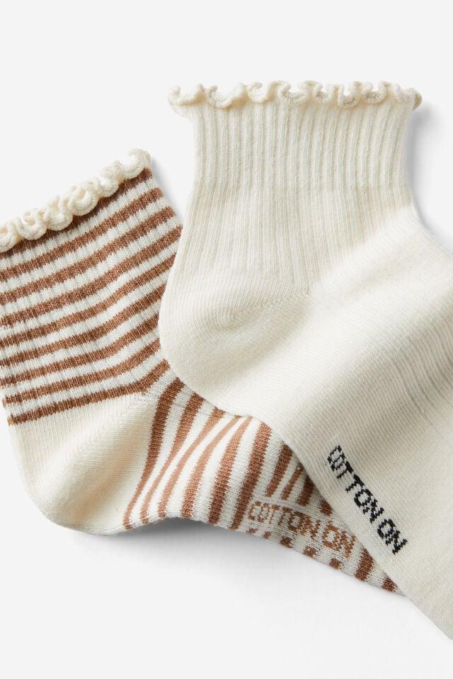 Cotton On The Perfect Pair Frill Rib Ankle 2Pk Pearl/tan Stripe