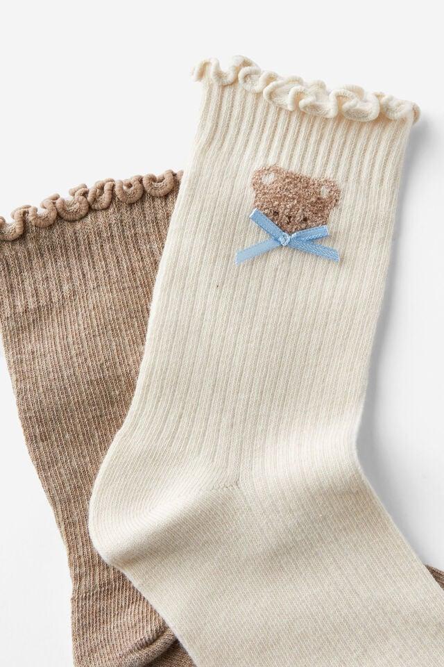 Cotton On The Perfect Pair Frill Rib Crew Sock 2Pk Teddy Pearl/tan
