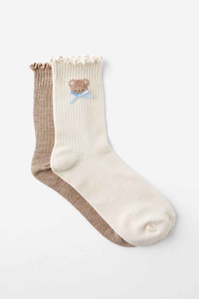 cotton on The Perfect Pair Frill Rib Crew Sock 2Pk teddy pearl/tan