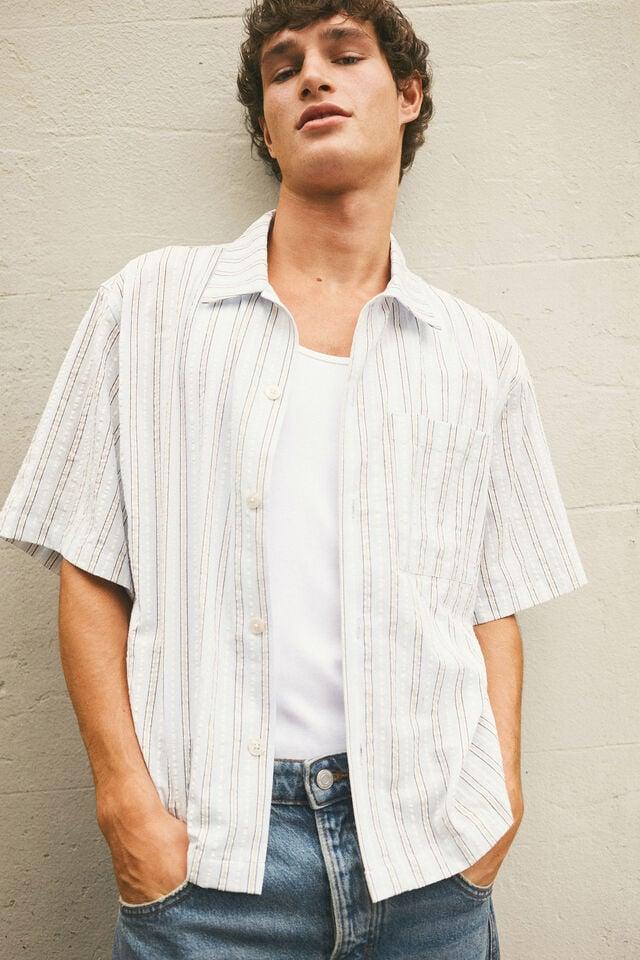 Cotton On Ventura Short Sleeve Shirt Blue Seersucker Stripe