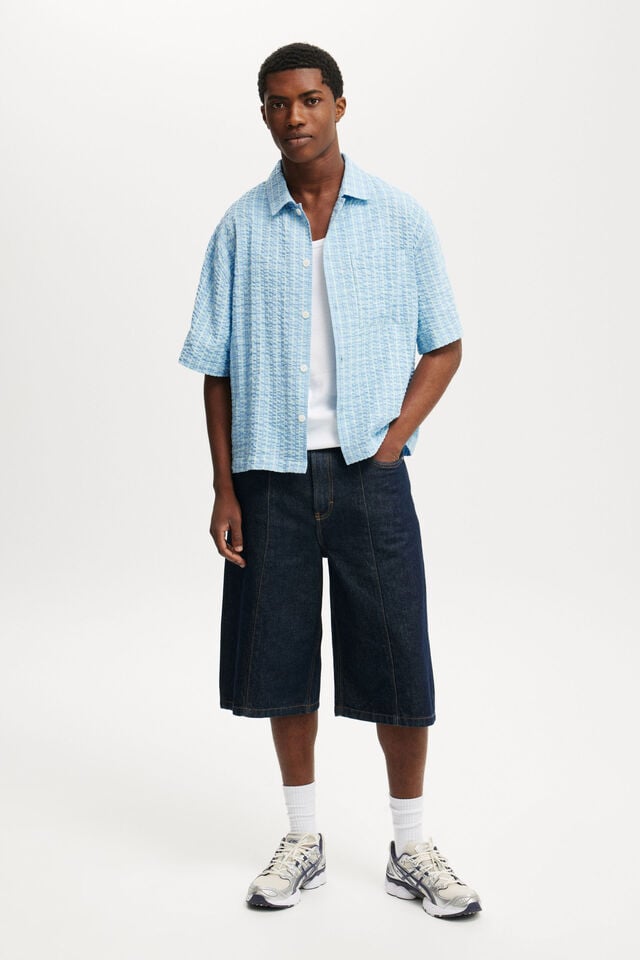 Cotton On Ventura Short Sleeve Shirt Bright Blue Textured Check