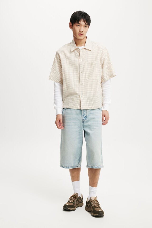 Cotton On Ventura Short Sleeve Shirt Stone Micro Check