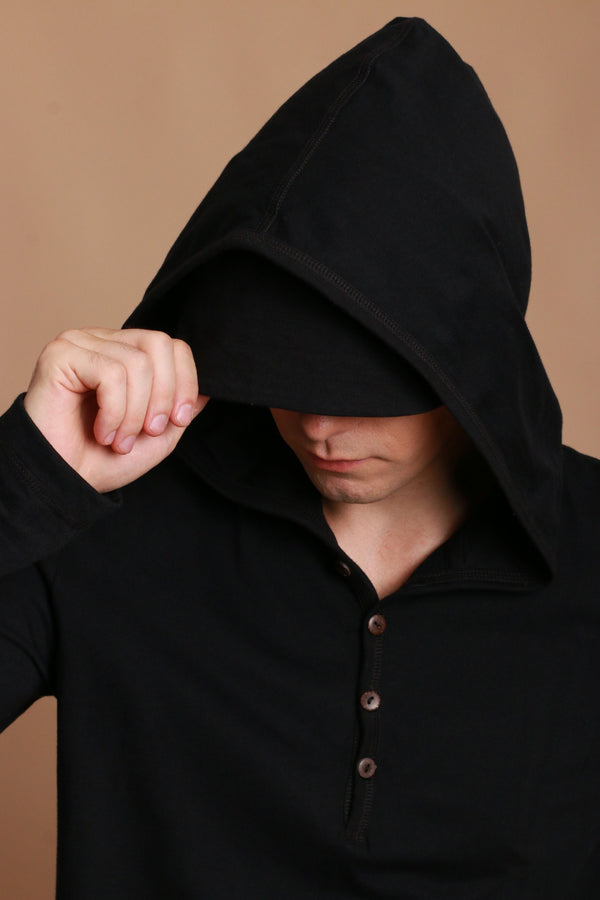 Cottonique Men's Jersey Pullover Hoodie With Built-in Sleep Eye Mask