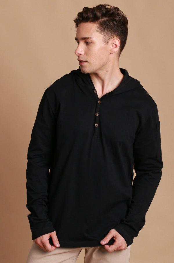 Cottonique Men's Jersey Pullover Hoodie With Built-in Sleep Eye Mask