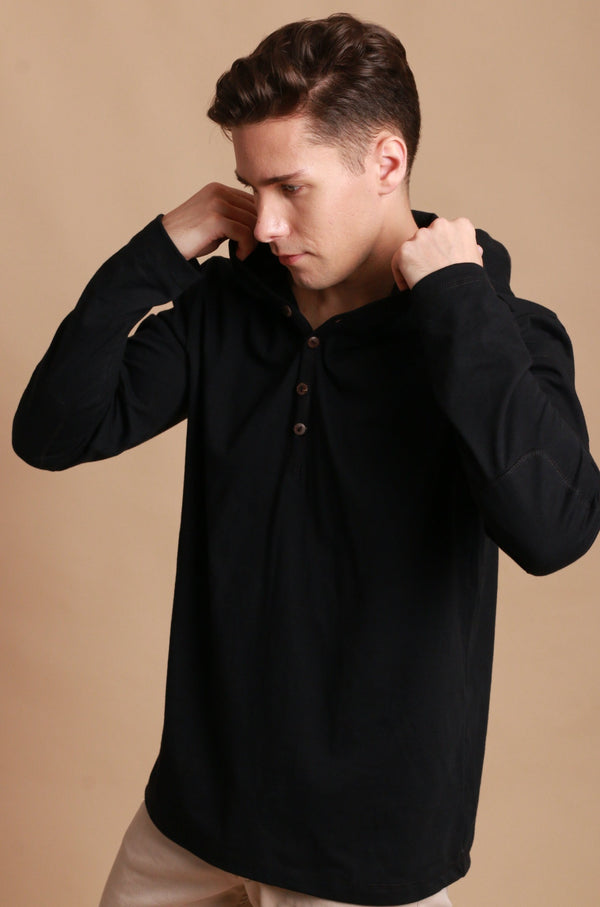 Cottonique Men's Jersey Pullover Hoodie With Built-in Sleep Eye Mask