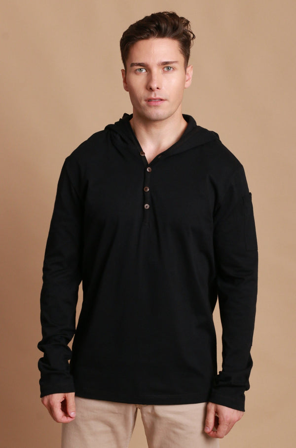 cottonique Men's Jersey Pullover Hoodie with Built-in Sleep Eye Mask