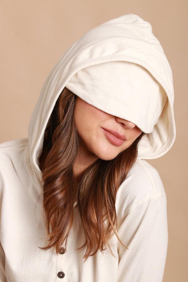 Cottonique Women's Jersey Pullover Hoodie With Built-in Sleep Eye Mask