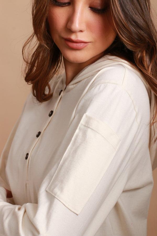 Cottonique Women's Jersey Pullover Hoodie With Built-in Sleep Eye Mask