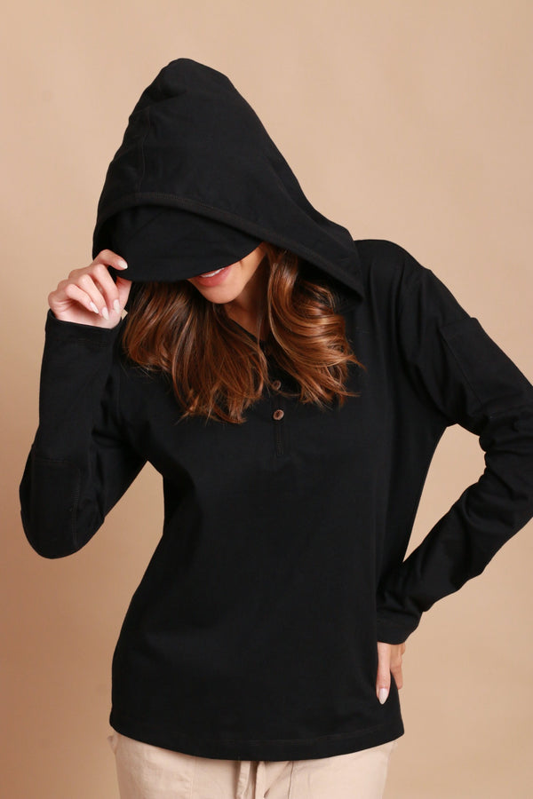 Cottonique Women's Jersey Pullover Hoodie With Built-in Sleep Eye Mask