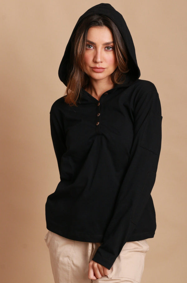 cottonique Women's Jersey Pullover Hoodie with Built-in Sleep Eye Mask