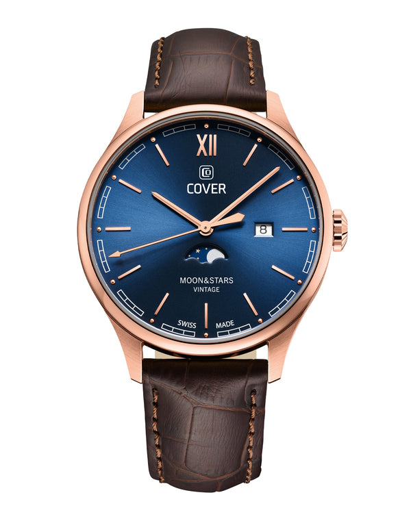 cover COVER Chapman Moon&Stars Blue Leather Brown Rose Gold Watch