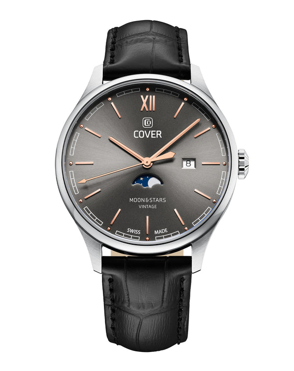 cover COVER Chapman Moon&Stars Grey Leather Black Silver Watch