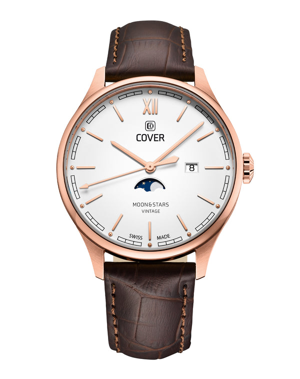 cover COVER Chapman Moon&Stars White Leather Brown Rose Gold Watch