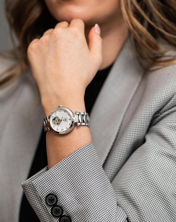 Cover COVER Lady Diamond Open Heart Automatic Watch White Pearl Silver