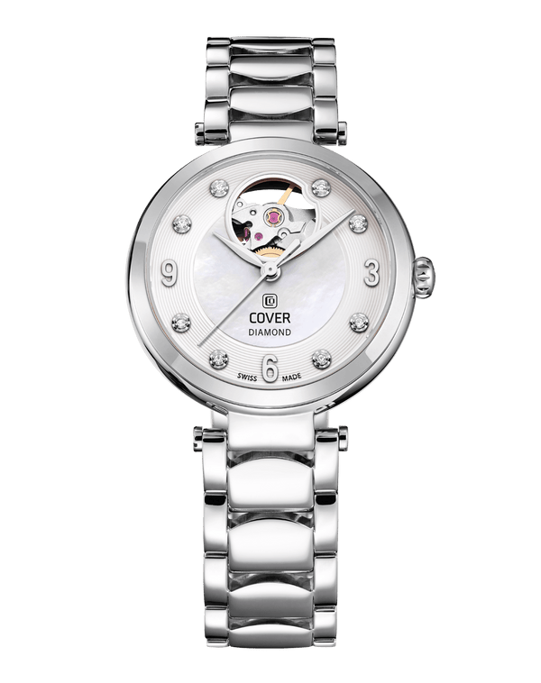 cover COVER Lady Diamond Open Heart Automatic Watch White Pearl Silver