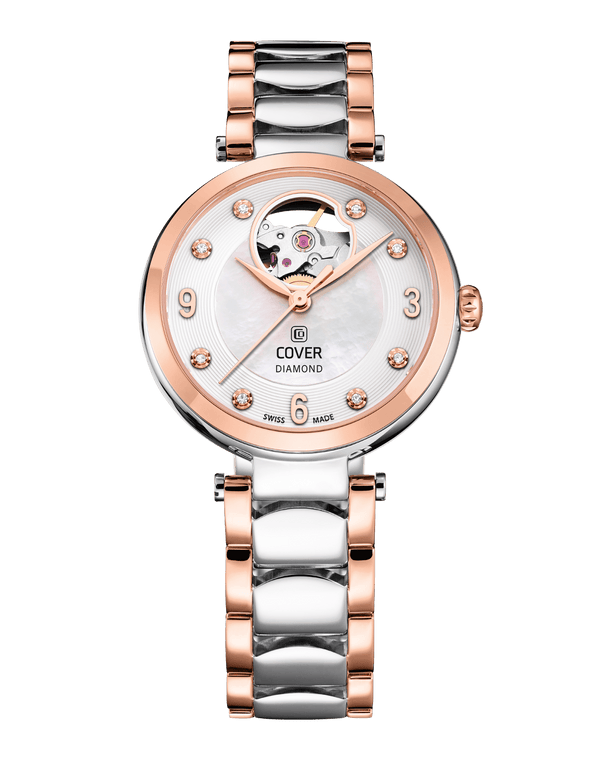 cover COVER Lady Diamond Open Heart Automatic Watch White Pearl Bicolor