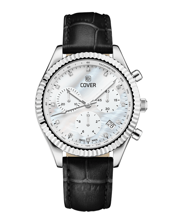 cover COVER Valentina Chrono Watch Crystals White Pearl Leather Silver