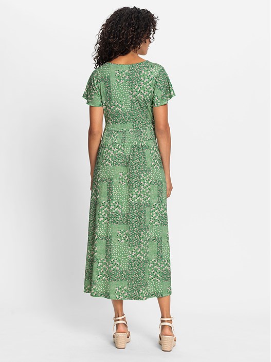 Creation L Apple Green-Champagne-Printed Patchwork Print Midi Dress From Creation L