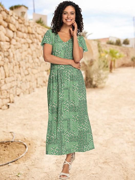 Creation L Apple Green-Champagne-Printed Patchwork Print Midi Dress From Creation L