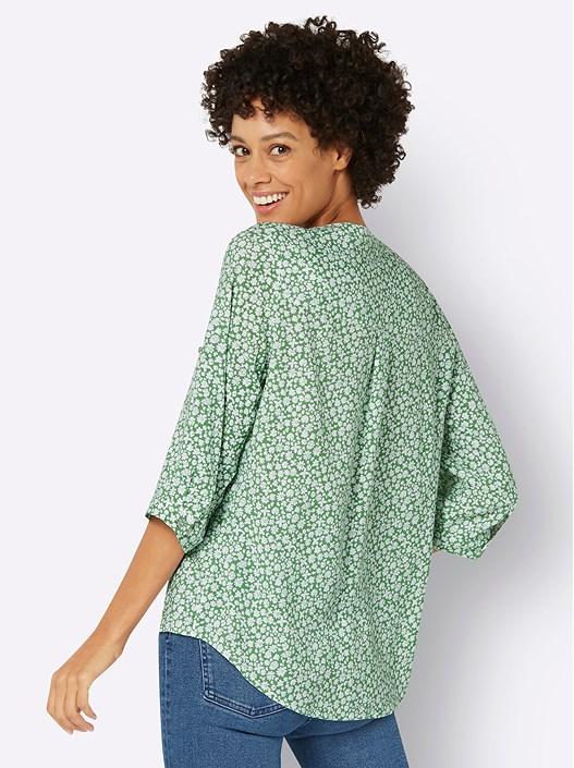 Creation L Apple Green-Ecru-Printed Floral Tab Sleeve Blouse