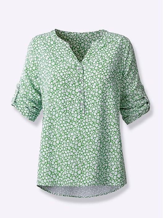 Creation L Apple Green-Ecru-Printed Floral Tab Sleeve Blouse