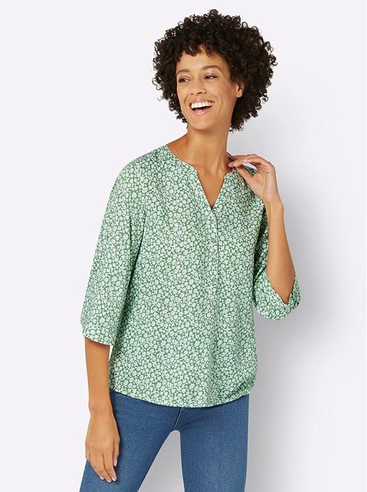 Creation L Apple Green-Ecru-Printed Floral Tab Sleeve Blouse