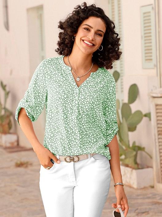 creation l Apple Green-Ecru-Printed Floral Tab Sleeve Blouse