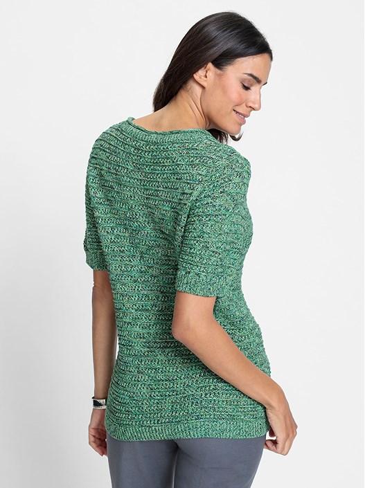Creation L Apple Green-Navy Blue-Patterned Textured Knit Short Sleeve Sweater From Creation L