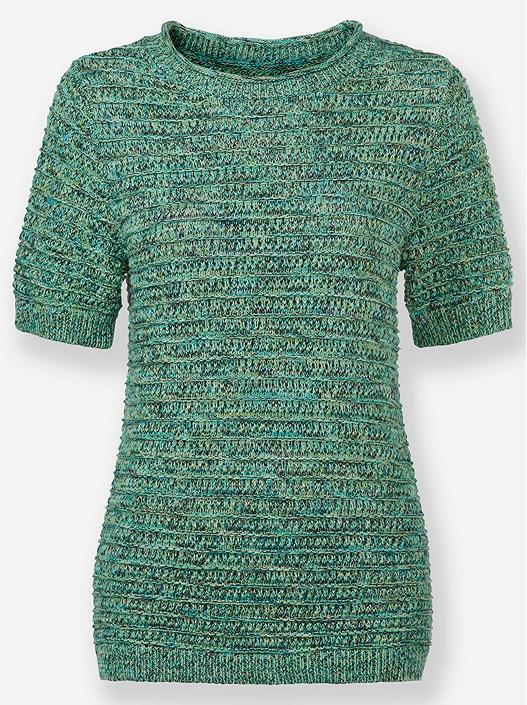 Creation L Apple Green-Navy Blue-Patterned Textured Knit Short Sleeve Sweater From Creation L